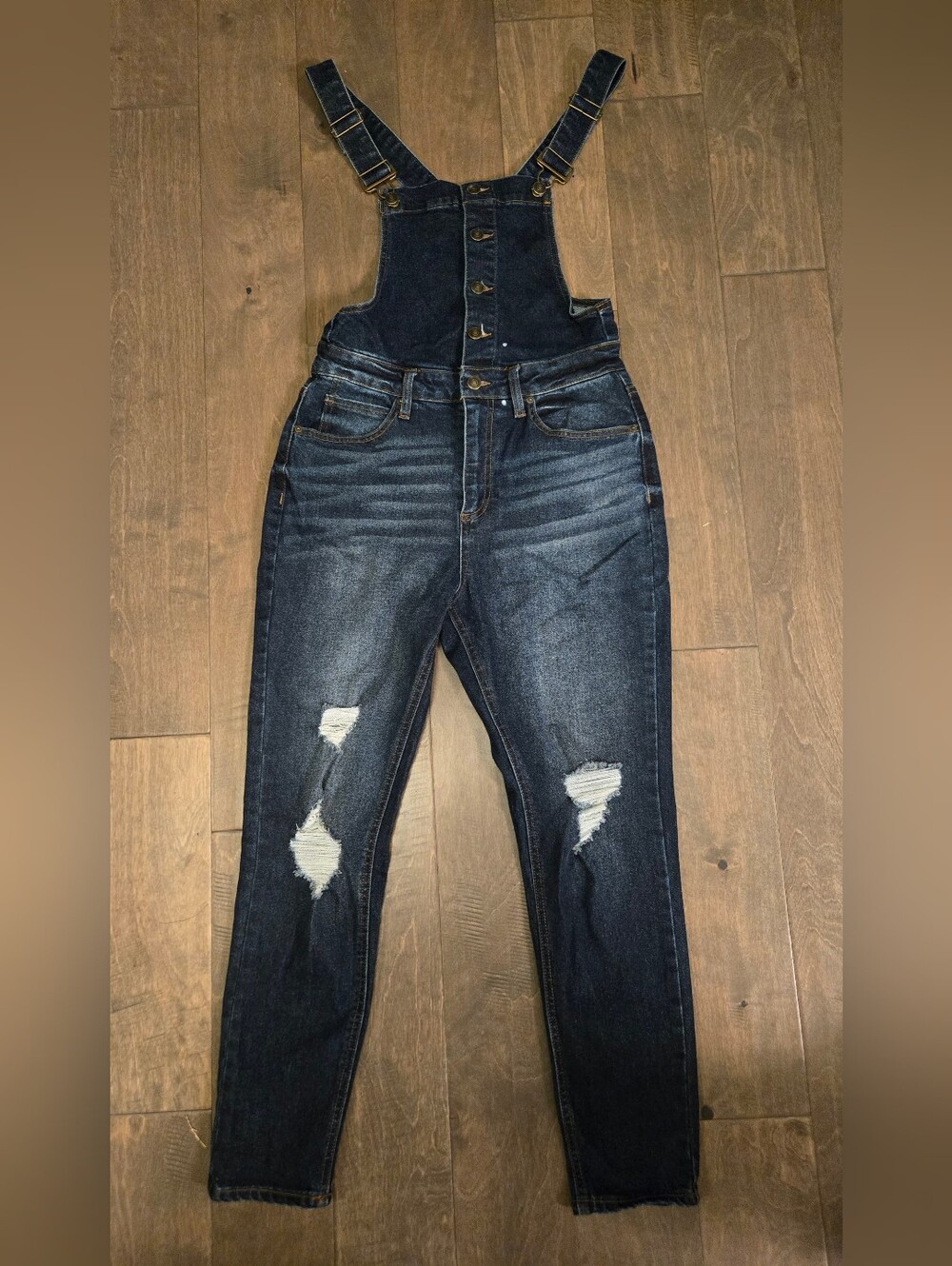 Womens Size 7-9 Distressed Jean Overalls, Button Down Front, Pockets, Navy